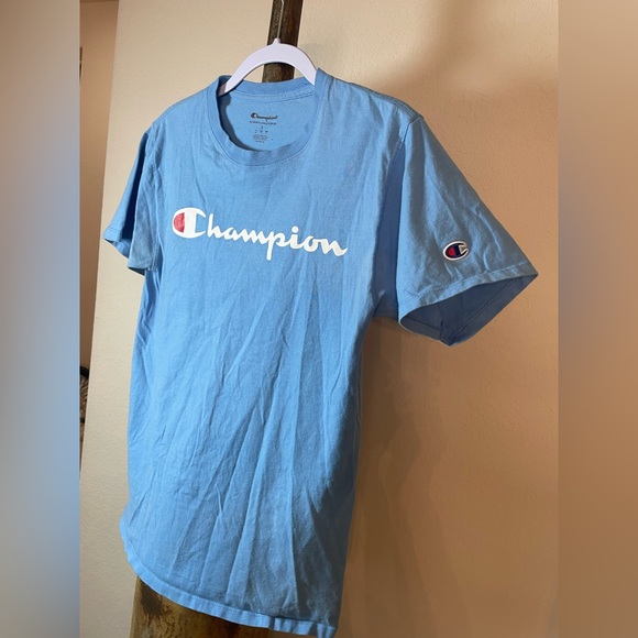 Champion Lt Blue Short Sleeve Tee Men SZ:S Front banner logo plus sleeve C logo - Picture 2 of 11